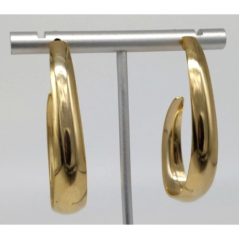Gold Tone Oval Hoop Earrings Large Polished Unmarked Statement Jewelry Vintage S
